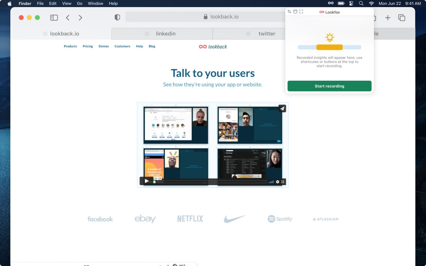Lookfox popover opened from the macOS menu bar, with an empty list and a record button
